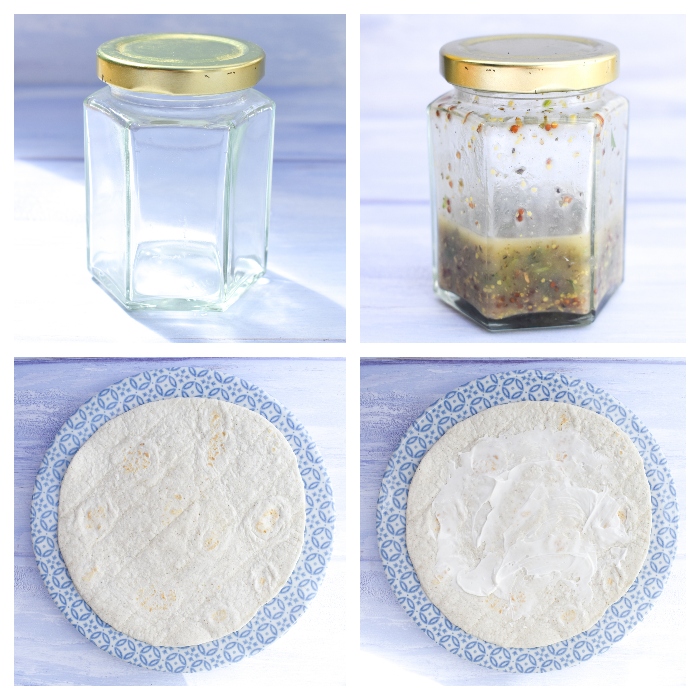 Making Greek Salad Lunch Wrap - step 1 Making Greek Salad Lunch Wrap - step 1 - dressing made and mayo spread on tortilla