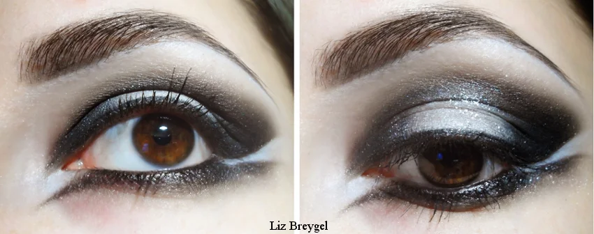 collage with a step-by-step makeup tutorial for a stunning silver and black goth eye look