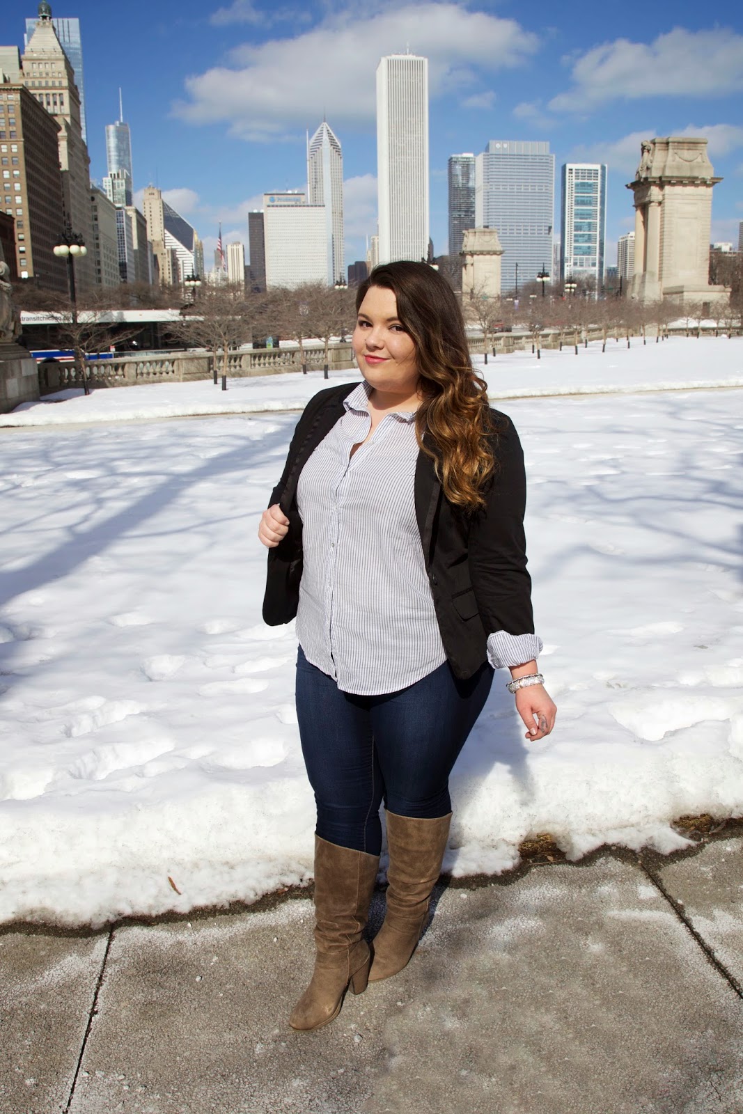 Stylzoo, amazon, chicago, fashion blogger, plus size fashion blogger, natalie craig, natalie in the city, blazer, skinny jeans, comfortable jeans, wide calf boots, plus size blazer, fatshion, thick girls, curvy women, full figured, jeggings, business casual style