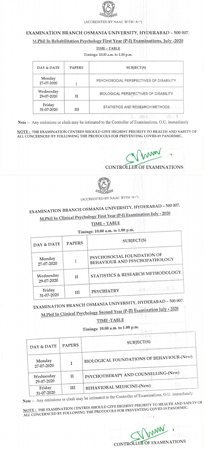 Osmania University M.Phil 1st & 2nd Year July 2020 Exam Time Table