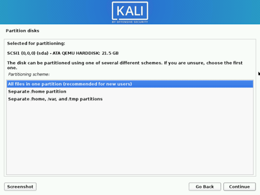 pilih jenis settingan partisi kali linux