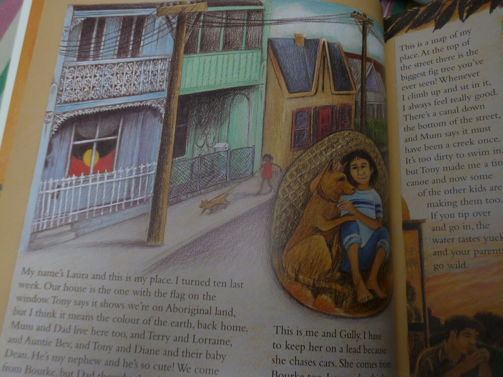 On the stripey couch on a