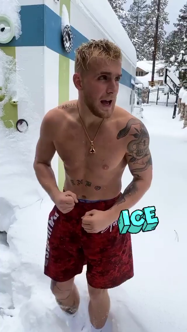 Jake Paul shirtless IG story in the snow.