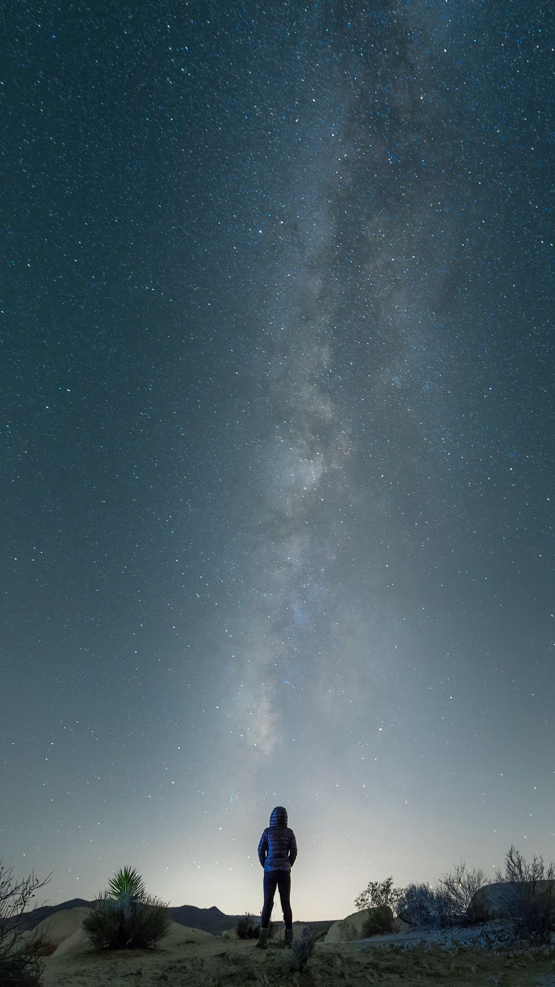 Alone Girl Watching The Milky Way In Night Sky