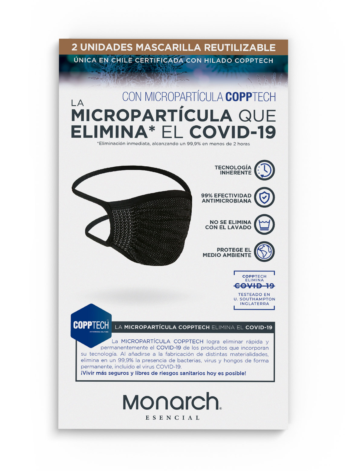 envase de mascarillas reutilizables con micropartículas de cobre de Monarch