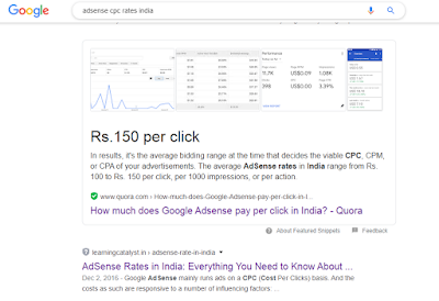 I searched for "Adsense CPC rates India" in Google, it chooses to show answers from Quora on snippets