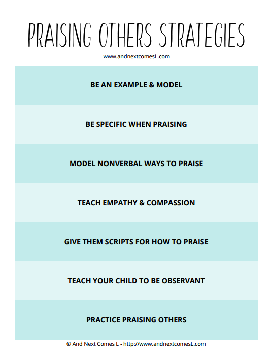 Free printable cheat sheet with tips for teaching kids how to praise others from And Next Comes L
