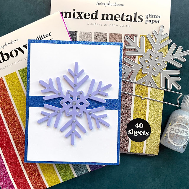 Snowflake Christmas cards made with: Scrapbook.com snowflake die, raninbow and mixed metals glitter paper, A2 smooth cardstock cools and jewels; pops of color silver glitter
