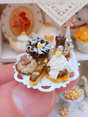 Five miniature chocolate pastries on a shabby chic stand - made by Paris Miniatures - Emmaflam & Miniman