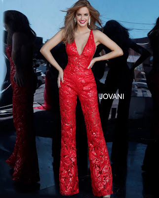 Jovani Red Color Sexy V-Neck Embellished Red Carpet Jumpsuit Dress