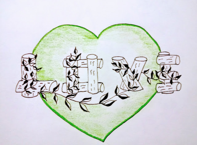 Dibujo de corazón con la palabra love, otoño con troncos, coloreado con lápices de colores