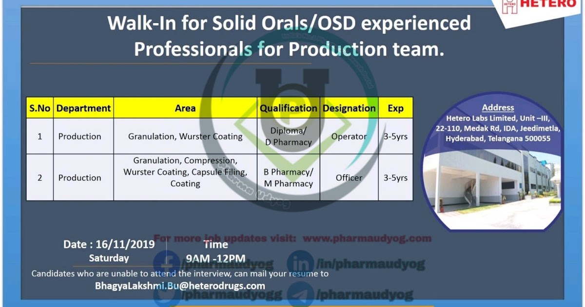 Hetero Labs Walkin at Hyderabad for OSD Professionals on 16 Nov 2019