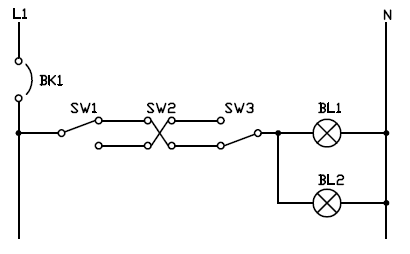 Control de lampara desde tres puntos con interruptor de tres y cuatro vías
