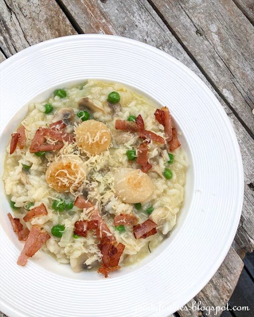 mushroom risotto with scallops and bacon