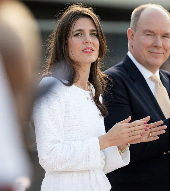 Charlotte Casiraghi of Monaco wore a white tweed top and tweed skirt from Cruise 2021 collection of Chanel