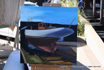 Plein air painting of the heritage schooner from the Sydney Heritage Fleet Boomerang on the slipway at Noakes Shipyard at Berry's Bay painted by industrial heritage artist Jane Bennett