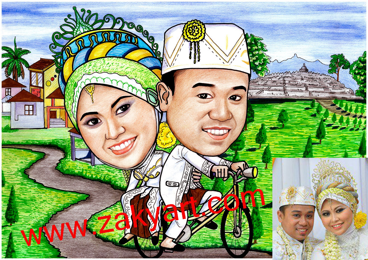Karikaturku Indonesia Karikatur Pengantin Naik Sepeda Latar Belakang Candi Borobudur