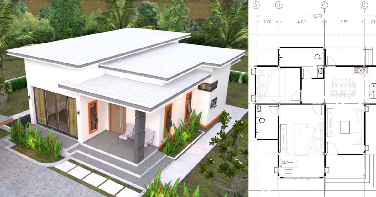 Plans de maison moderne 10,7 x 10,5 avec toit plat de 2