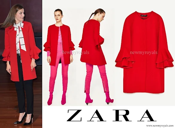 Queen Letizia wore ZARA frilled sleeve coat