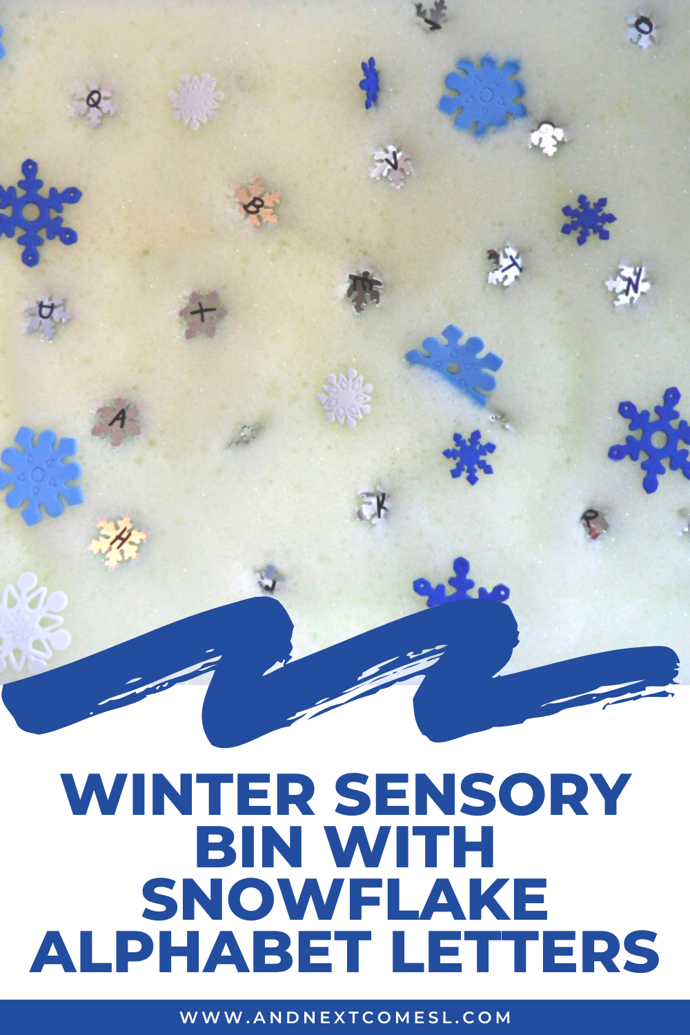 Winter sensory bin with snowflake alphabet letters for toddlers and preschool kids Winter sensory bin with snowflake alphabet letters for toddlers and preschool kids