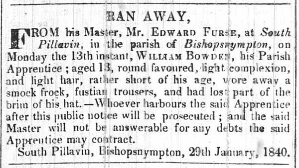 'Ran Away' Public Notice (North Devon Journal) 29th January 1840