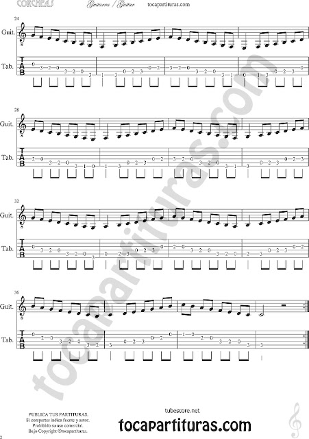 2  Tablatura y Partitura de Guitarra Escala de Do Patrón en Corcheas - Ejercicio Guitar Tab Sheet Music