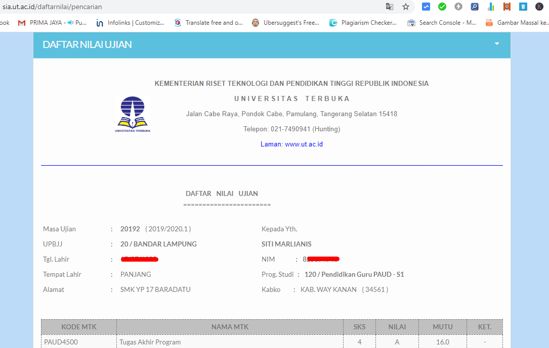 Cek dan Cetak Nilai Mata Kuliah UT