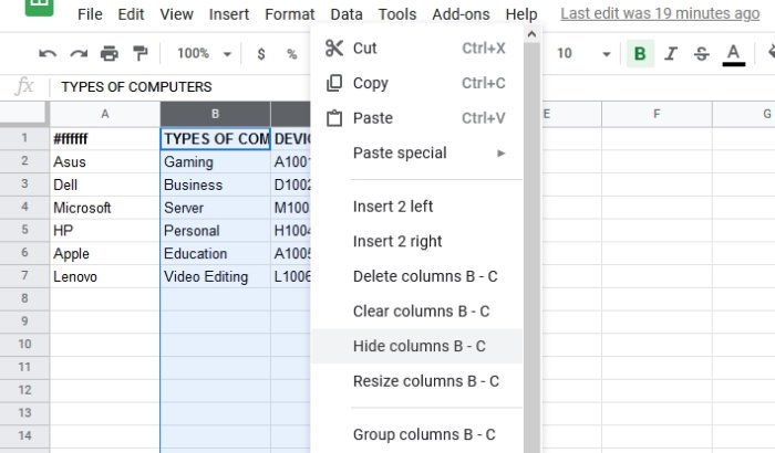 Hoe rijen en kolommen in Google Spreadsheets te verbergen