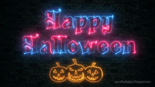 Neon Glow Happy Halloween Lettering Style With Orange Three Pumpkin Light On The Dark Brick Tiles Wall Texture Background