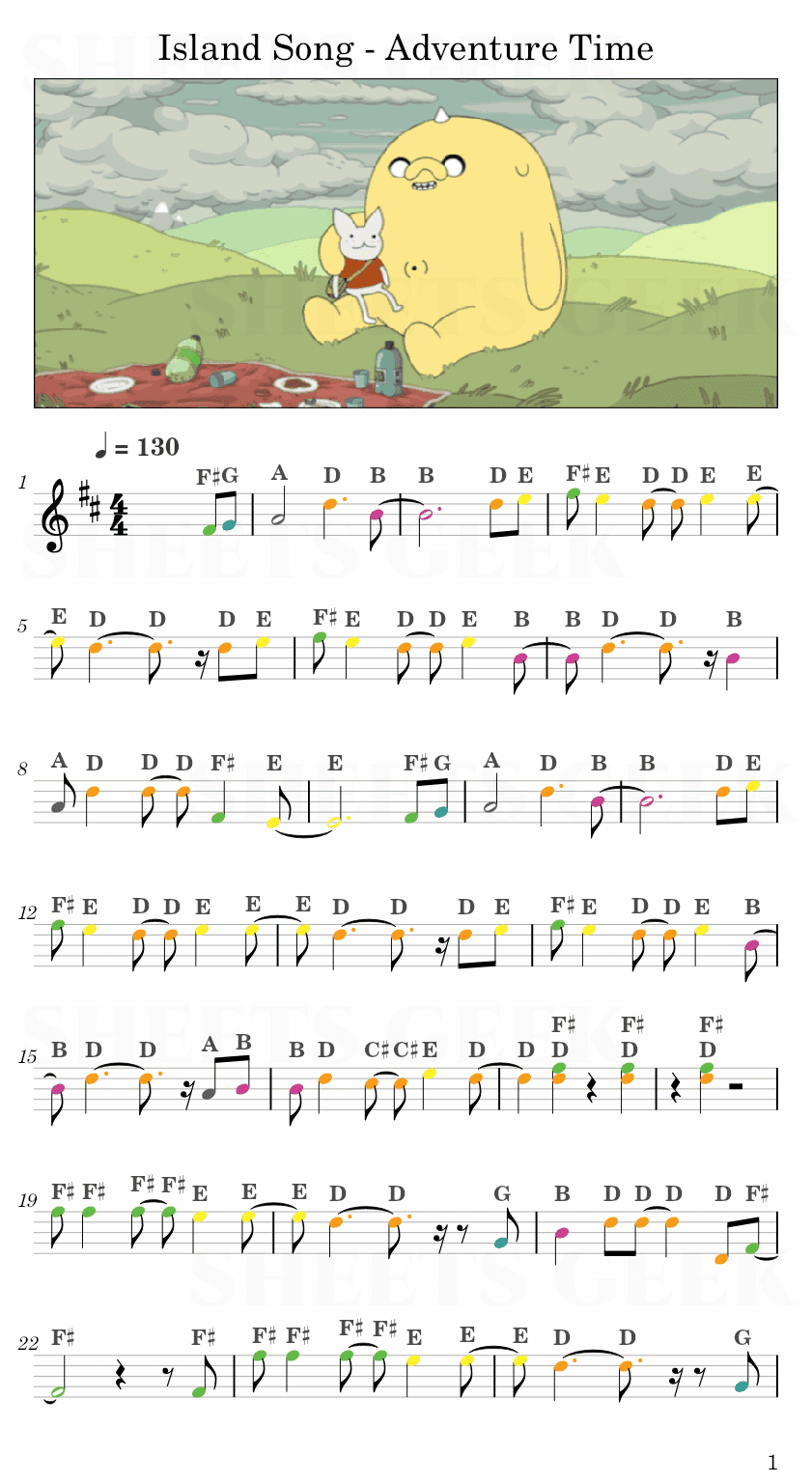 Island Song (Come Along With Me) - Adventure Time Easy Sheet Music Free for piano, keyboard, flute, violin, sax, cello page 1