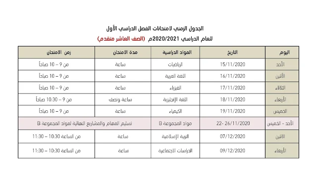 جدول امتحانات الصف العاشر متقدم 2020