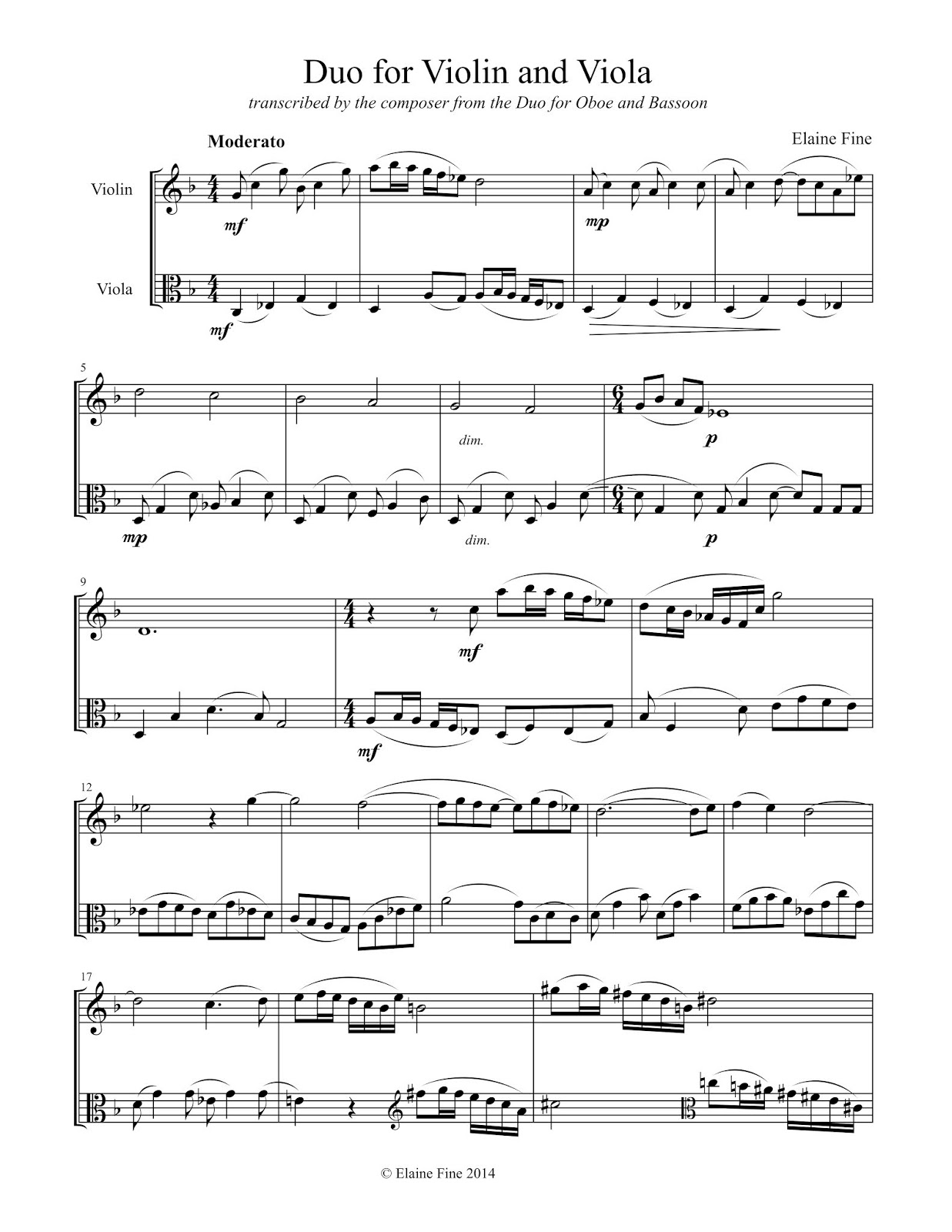 Elaine Fine's Thematic Catalog Duo for Violin and Viola