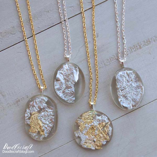 Gold and Silver leaf suspended in clear Easy Cast resin made into pendant necklaces.