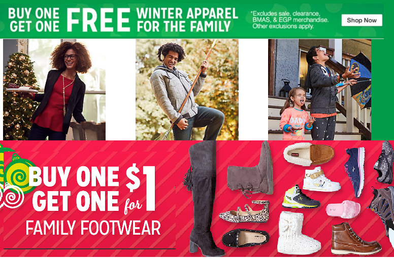 KMart Sale: Buy 1 Get 1 Free Winter Clothing For The Entire Family, Shoes Buy 1 Get One for $1