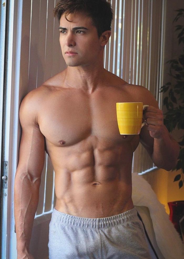 hunky-shirtless-fit-young-dude-drinking-morning-yellow-cup-coffee 