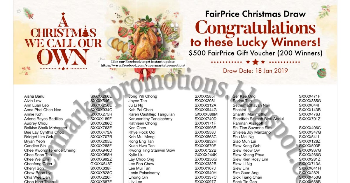 NTUC FairPrice Christmas Draw Winners Result 31 January 2019