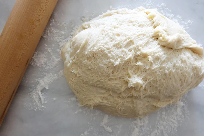 risen dough on floured surface