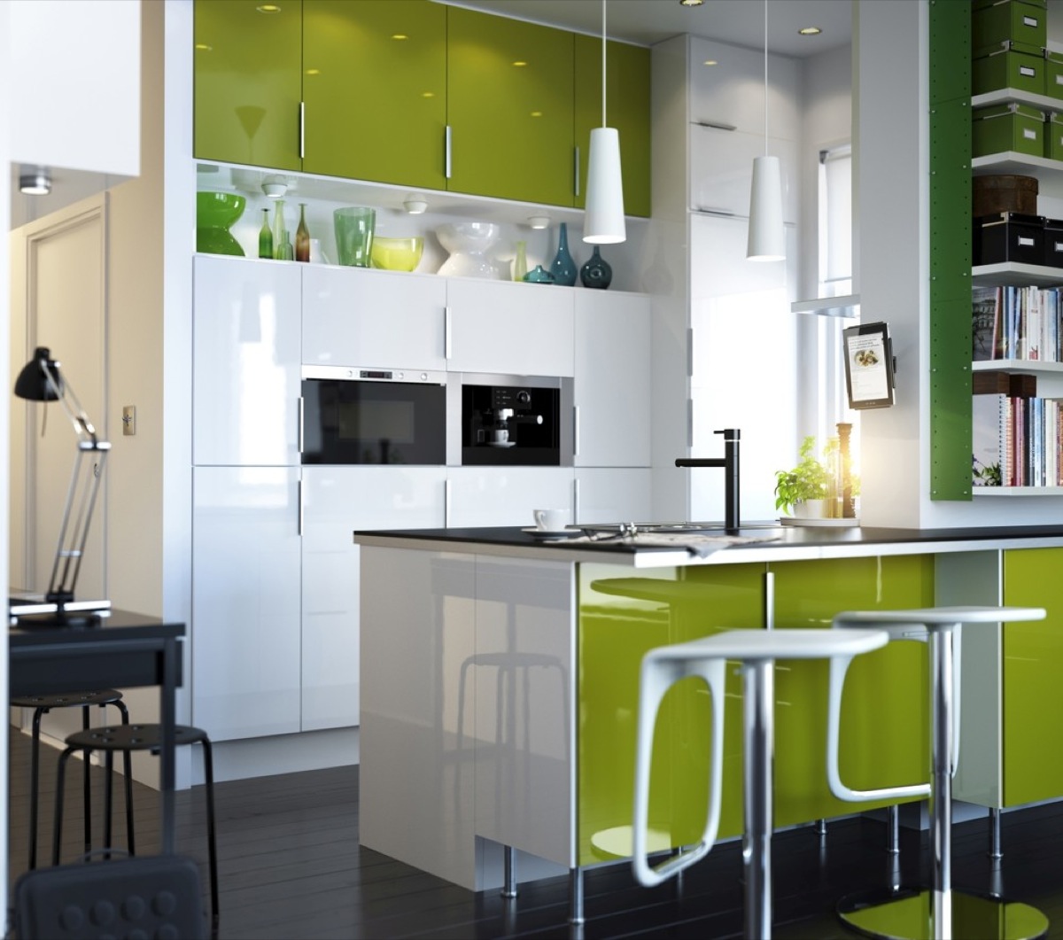 Kitchen with white and green furniture