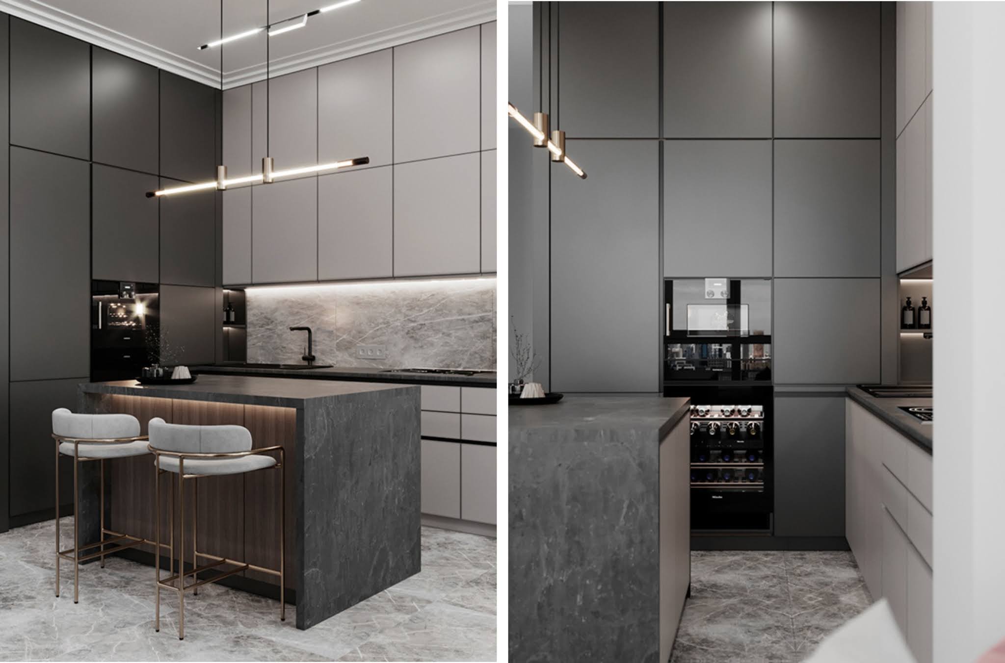 Diseño muebles de cocina: Diseño de cocina en blanco y gris con una