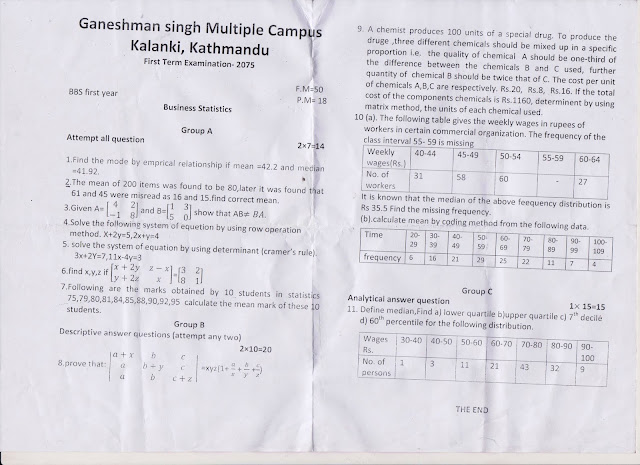 BBS first year question paper for Business Statistic, asked by Ganesh Man Singh Multiple Campus