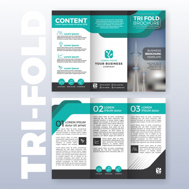 business tri fold brochure template design with turquoise tri fold creator