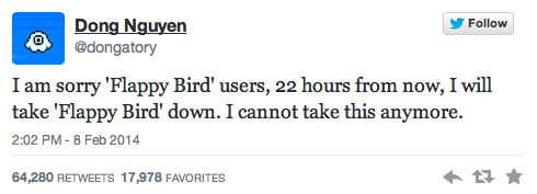 Flappy Bird's developer announced his decision to pull Flappy Bird