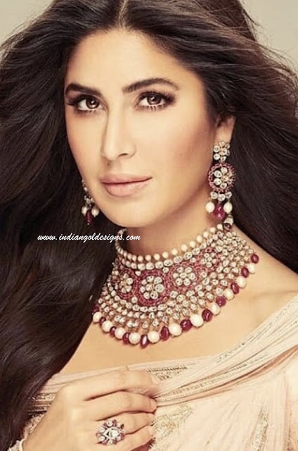 Gold and Diamond jewellery designs: Katrina Kaif in diamond necklace set