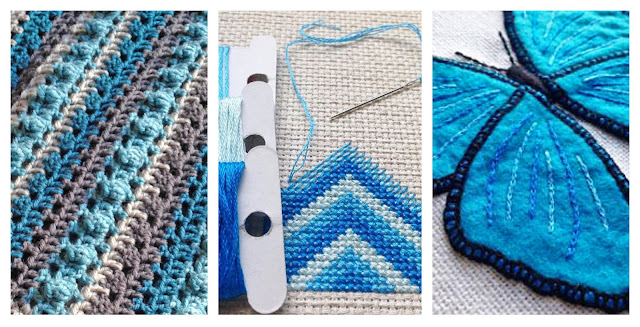 Floss & Fleece: crochet, cross-stitch and felt applique crocheted shawl, cross-stitch in progress, close up of felt butterfly applique