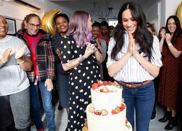 Meghan Markle wore WNU shirt, J.Crew Juliette blazer, Adina Reyter three diamond earrings, Adidas Stan Smith sneakers