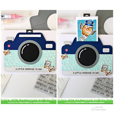 Winter Camera Interactive Card by Samantha Mann for Lawn Fawn, Magic Iris Camera, Interactive, Stencil, Snowflakes, Owl, Special Delivery, #lawnfawn #magiciriscamera #interactivecard #cardmaking #cards #specialdelivery #diecutting #pulltab