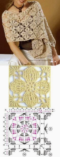 Chal con grannys cuadrados con motivo floral al crochet