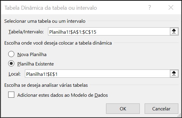 Tabela dinâmica da tabela ou intervalo
