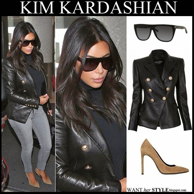WHAT SHE WORE: Kim in black leather with taupe suede pointed toe at LAX on October 26 ~ I want her style - What wore and where to
