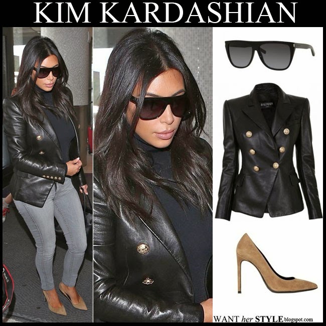 WHAT SHE WORE Kim Kardashian in black leather blazer with taupe suede pointed toe pumps at LAX